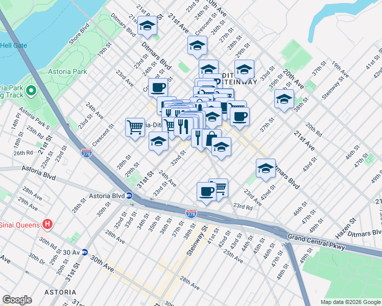 map of restaurants, bars, coffee shops, grocery stores, and more near 23-20 33rd Street in Queens