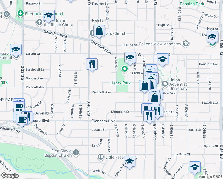 map of restaurants, bars, coffee shops, grocery stores, and more near 4312 Prescott Avenue in Lincoln