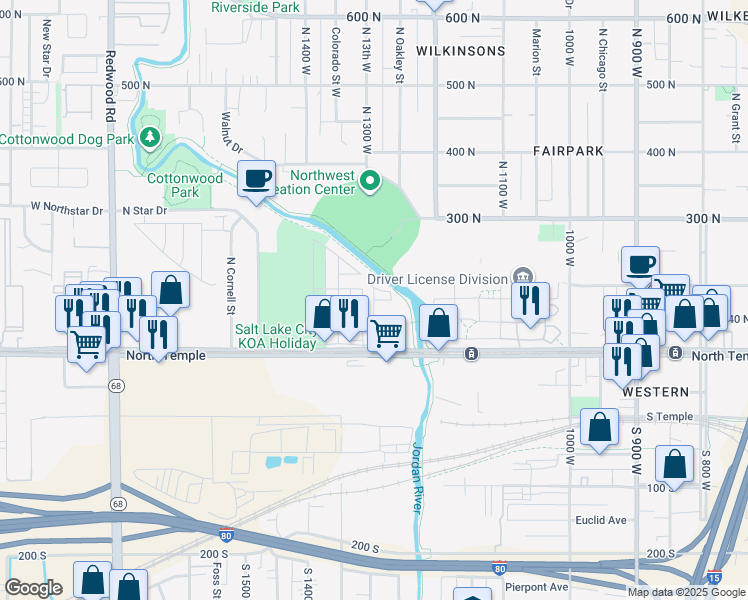 map of restaurants, bars, coffee shops, grocery stores, and more near North 1280 West in Salt Lake City