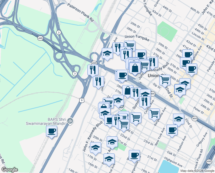map of restaurants, bars, coffee shops, grocery stores, and more near 2626 Grand Avenue in North Bergen