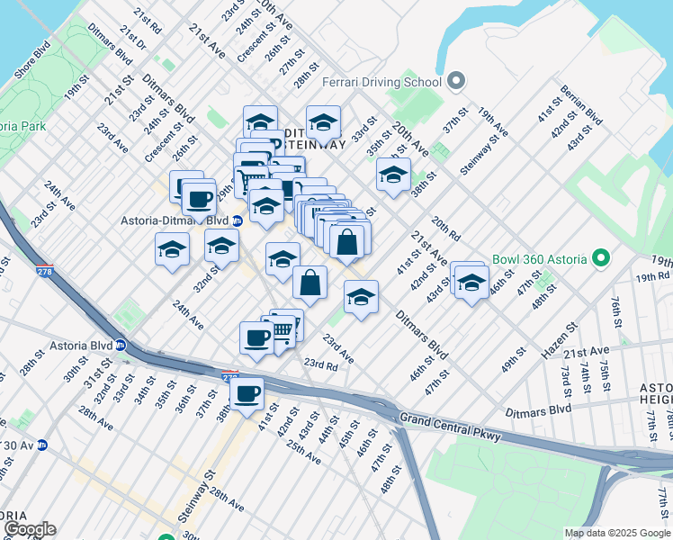 map of restaurants, bars, coffee shops, grocery stores, and more near 22-06 38th Street in Queens