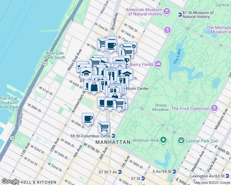 map of restaurants, bars, coffee shops, grocery stores, and more near 2 Lincoln Square in New York