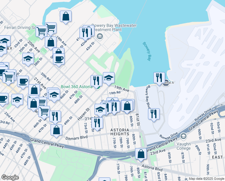 map of restaurants, bars, coffee shops, grocery stores, and more near 77-15 19th Road in Queens