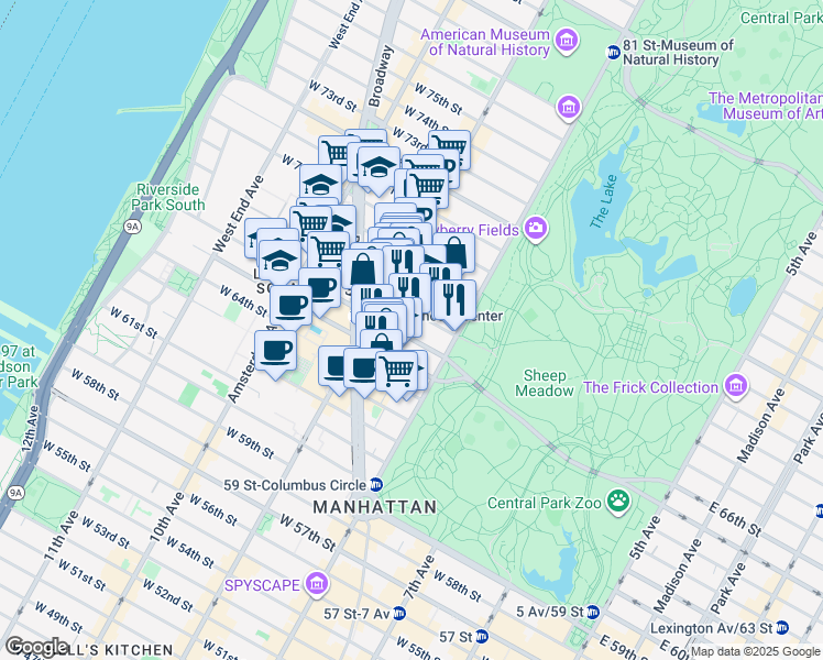 map of restaurants, bars, coffee shops, grocery stores, and more near 47 West 66th Street in New York