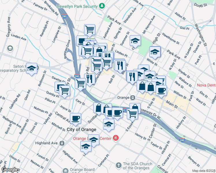 map of restaurants, bars, coffee shops, grocery stores, and more near 62 Bell Street in City of Orange