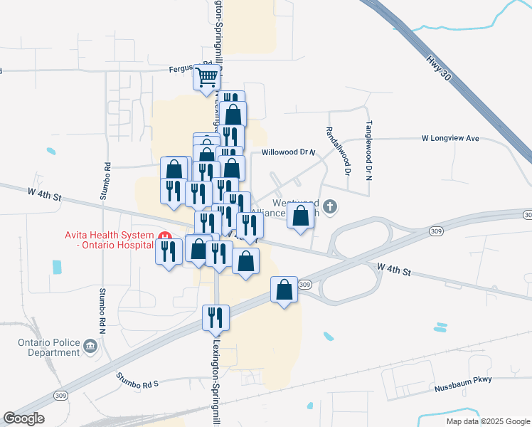 map of restaurants, bars, coffee shops, grocery stores, and more near 2051 Willowood Drive South in Ontario