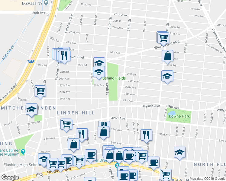 map of restaurants, bars, coffee shops, grocery stores, and more near 27-10 149th Street in Queens