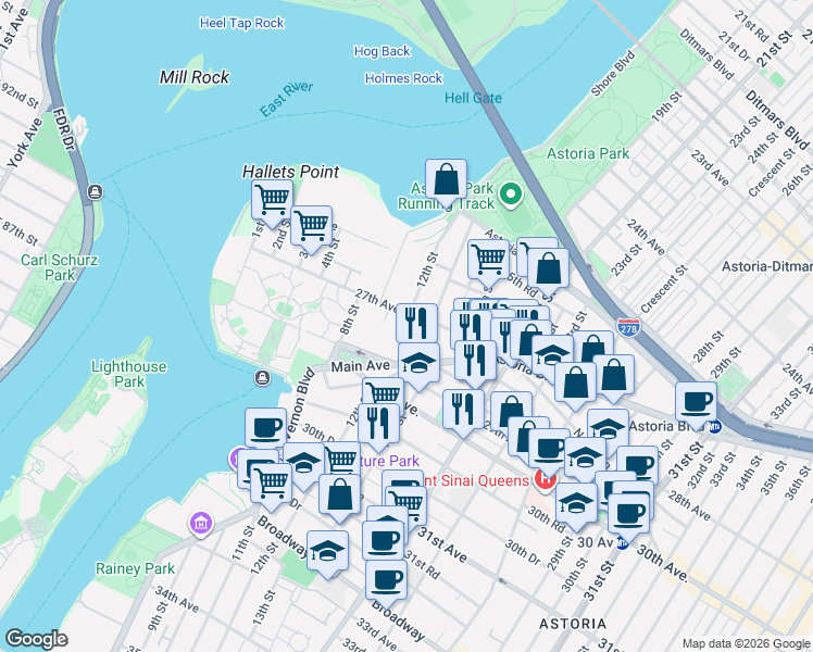 map of restaurants, bars, coffee shops, grocery stores, and more near 2726 12th Street in Queens