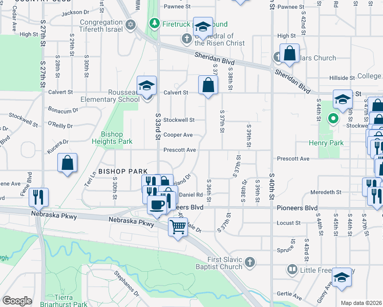 map of restaurants, bars, coffee shops, grocery stores, and more near 4010 South 35th Street in Lincoln