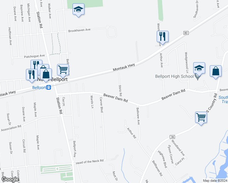 map of restaurants, bars, coffee shops, grocery stores, and more near 111 Beaver Dam Road in Brookhaven