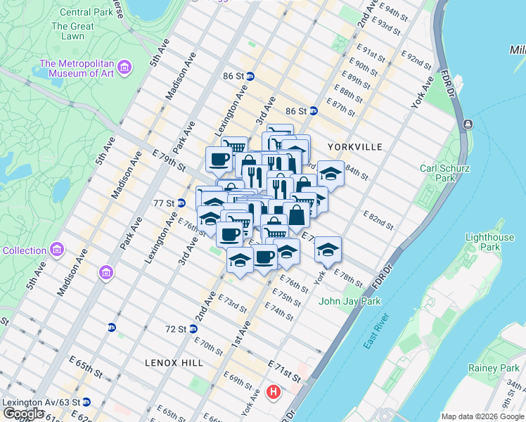 map of restaurants, bars, coffee shops, grocery stores, and more near 303 East 79th Street in New York