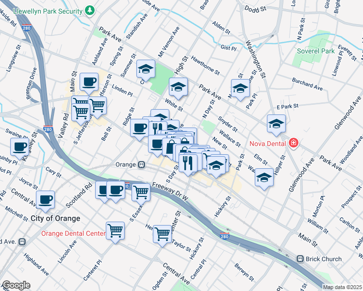 map of restaurants, bars, coffee shops, grocery stores, and more near 29 North Day Street in City of Orange