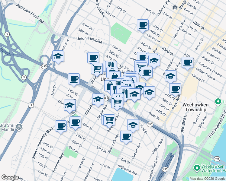 map of restaurants, bars, coffee shops, grocery stores, and more near 3115 Central Avenue in Union City