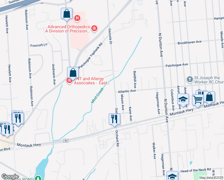 map of restaurants, bars, coffee shops, grocery stores, and more near 504 Gazzola Drive in Patchogue