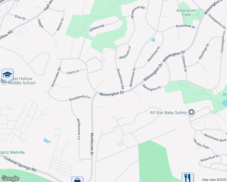 map of restaurants, bars, coffee shops, grocery stores, and more near 87 Wilmington Drive in Melville