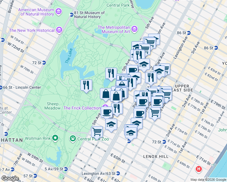 map of restaurants, bars, coffee shops, grocery stores, and more near 909 5th Avenue in New York