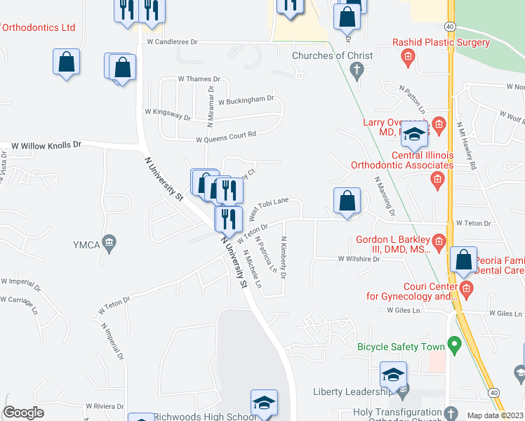map of restaurants, bars, coffee shops, grocery stores, and more near 1338 West Tobi Lane in Peoria