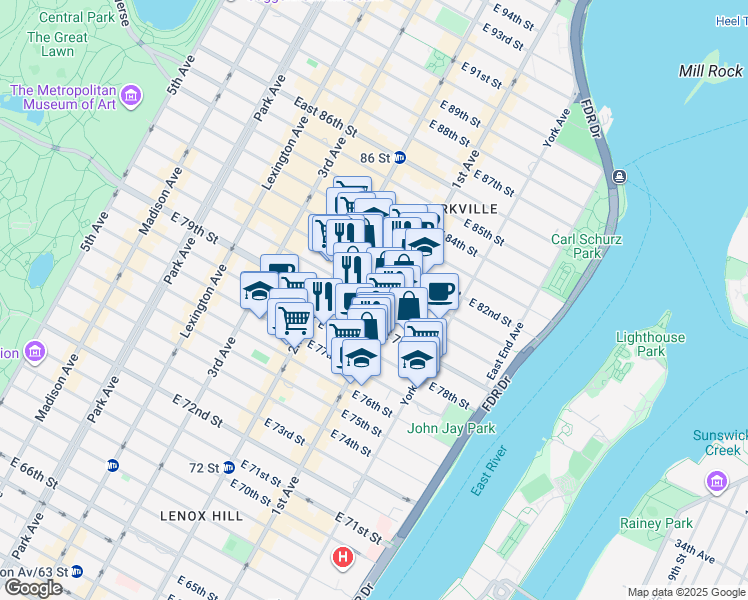 map of restaurants, bars, coffee shops, grocery stores, and more near 344 E 80th St in New York