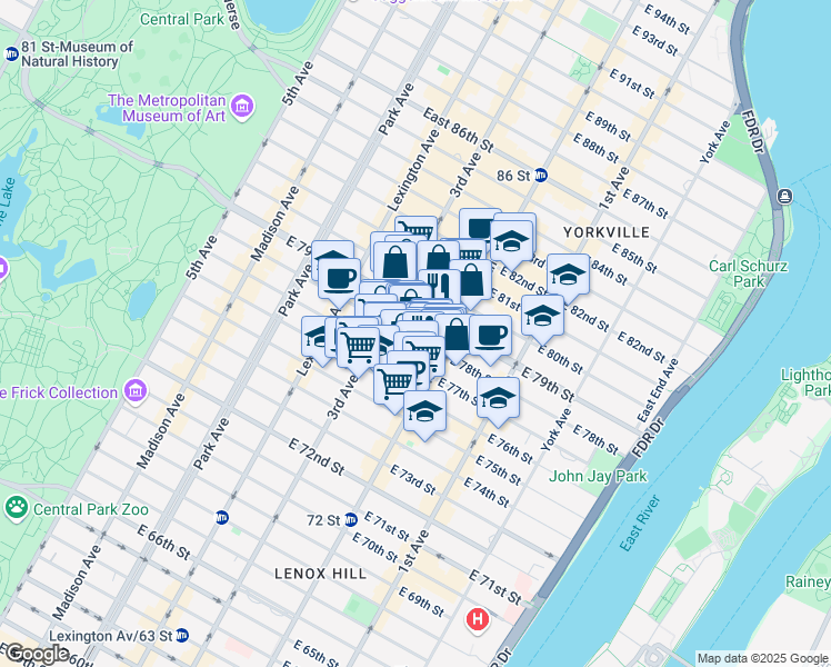 map of restaurants, bars, coffee shops, grocery stores, and more near 229 East 78th Street in New York