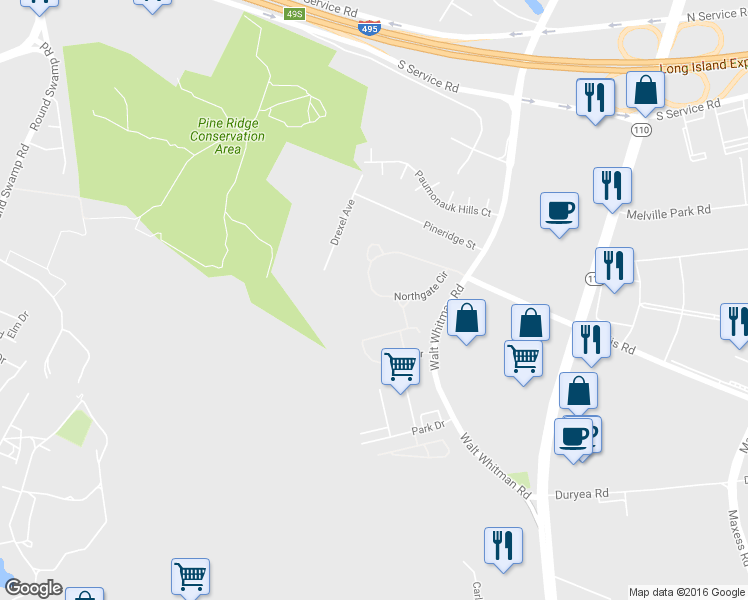 map of restaurants, bars, coffee shops, grocery stores, and more near 17 Northgate Circle in Melville