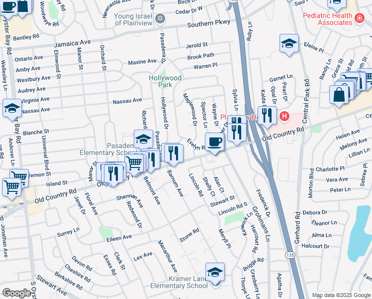 map of restaurants, bars, coffee shops, grocery stores, and more near 670 Old Country Road in Plainview
