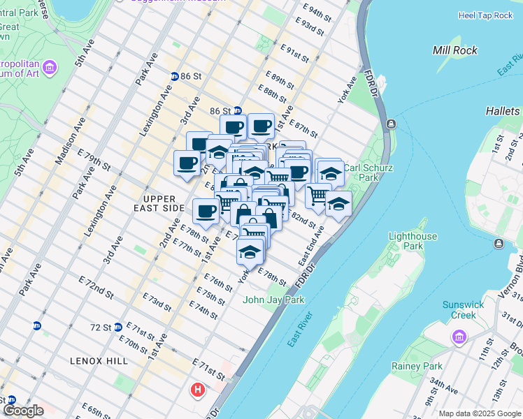map of restaurants, bars, coffee shops, grocery stores, and more near 423 East 81st Street in New York