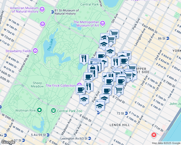 map of restaurants, bars, coffee shops, grocery stores, and more near 10 East 74th Street in New York