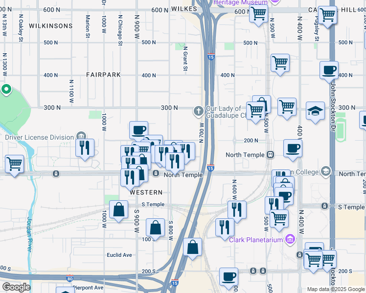 map of restaurants, bars, coffee shops, grocery stores, and more near 154 North 8th West in Salt Lake City
