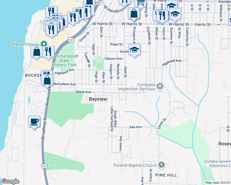 map of restaurants, bars, coffee shops, grocery stores, and more near in Bayview