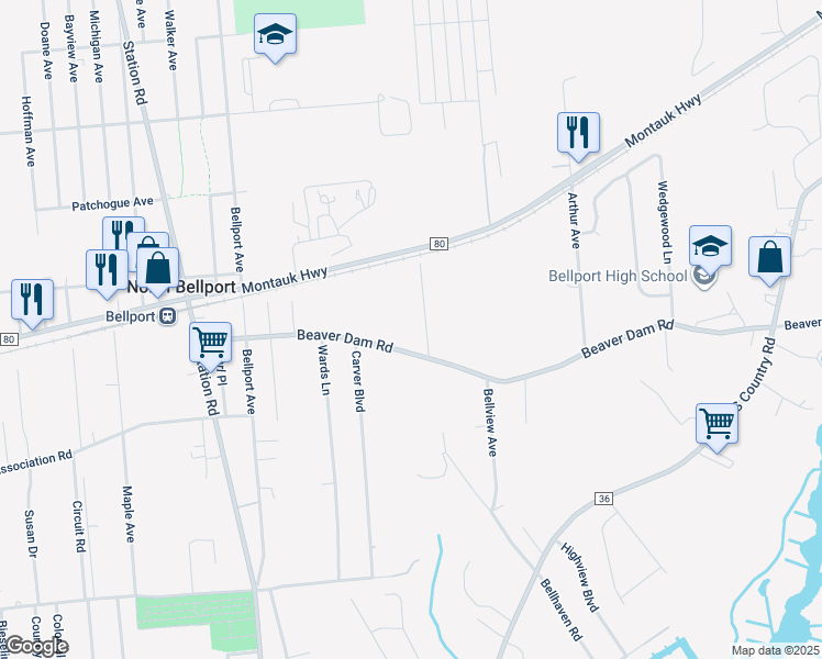 map of restaurants, bars, coffee shops, grocery stores, and more near 111 Beaver Dam Road in Brookhaven