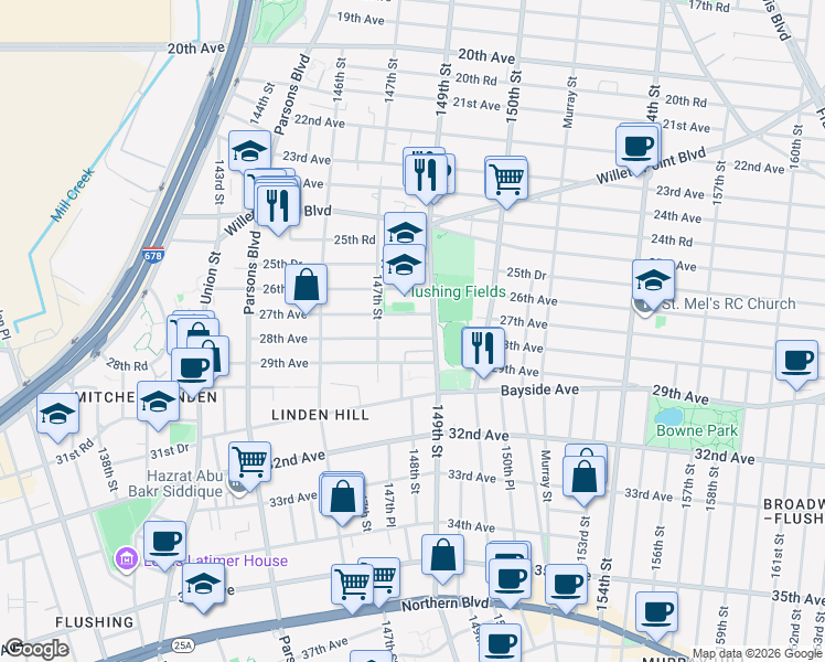 map of restaurants, bars, coffee shops, grocery stores, and more near 147-44 28th Avenue in Queens