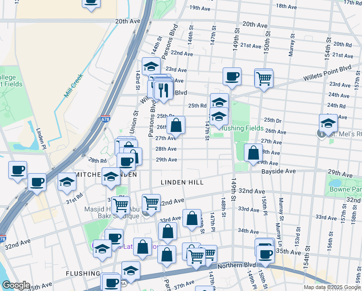 map of restaurants, bars, coffee shops, grocery stores, and more near 144-60 28th Avenue in Queens