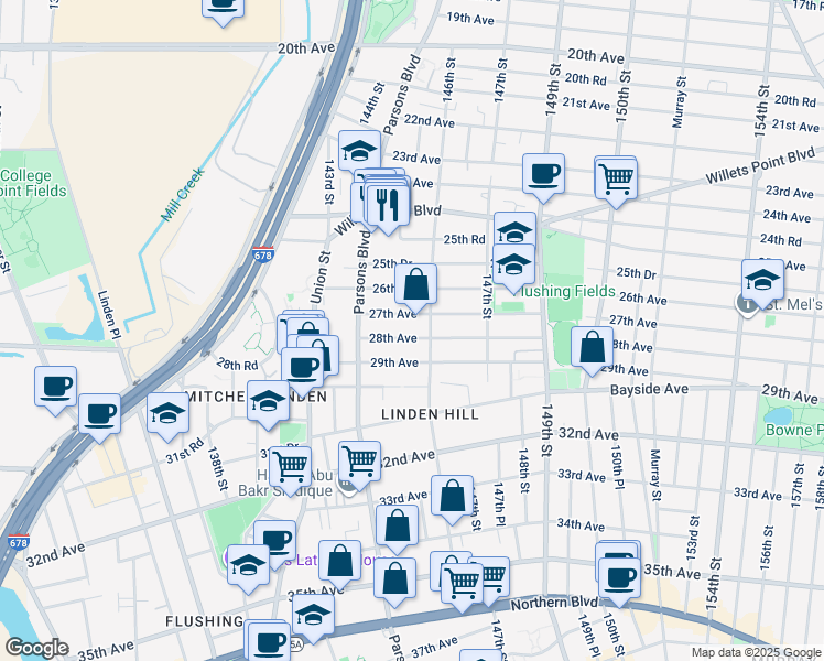 map of restaurants, bars, coffee shops, grocery stores, and more near 144-60 28th Avenue in Queens