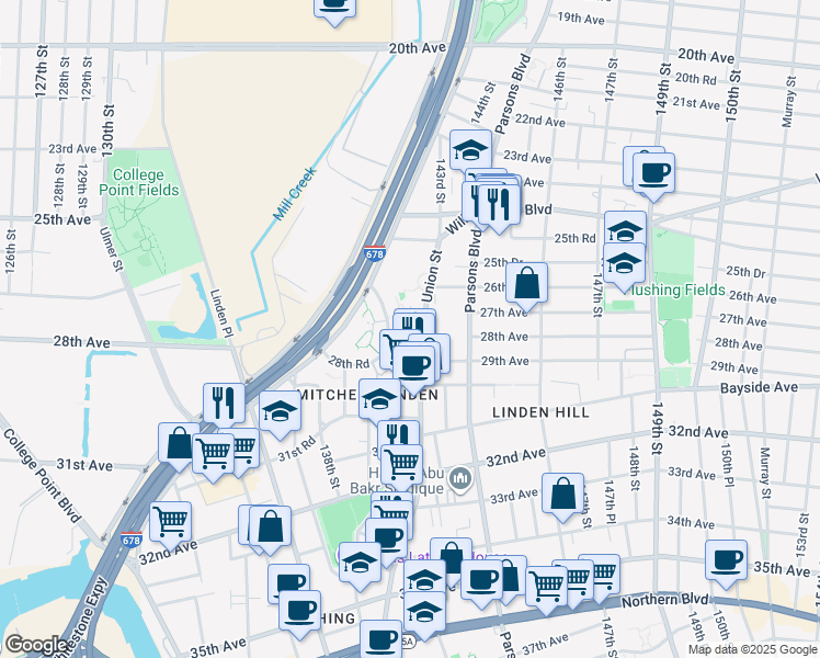 map of restaurants, bars, coffee shops, grocery stores, and more near 141-16 28th Avenue in Queens