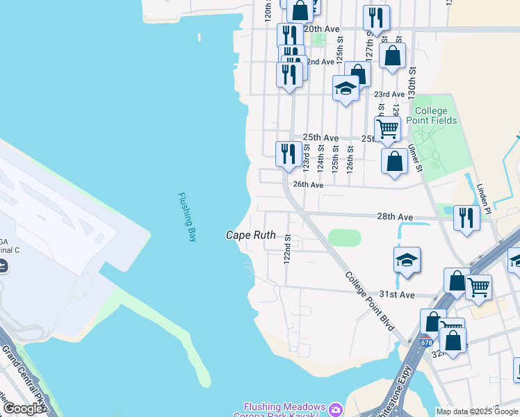 map of restaurants, bars, coffee shops, grocery stores, and more near 2806 120th Street in Queens