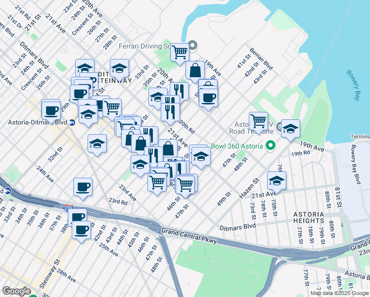 map of restaurants, bars, coffee shops, grocery stores, and more near 42-20 21st Avenue in Queens