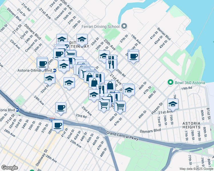 map of restaurants, bars, coffee shops, grocery stores, and more near 21-36 42nd Street in Queens