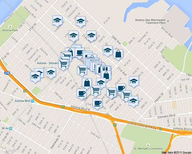 map of restaurants, bars, coffee shops, grocery stores, and more near 2200 38th Street in Queens