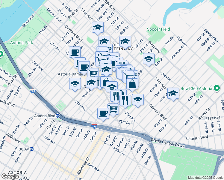 map of restaurants, bars, coffee shops, grocery stores, and more near 22-55 36th Street in Queens