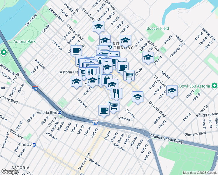 map of restaurants, bars, coffee shops, grocery stores, and more near 35-01 23rd Avenue in Queens