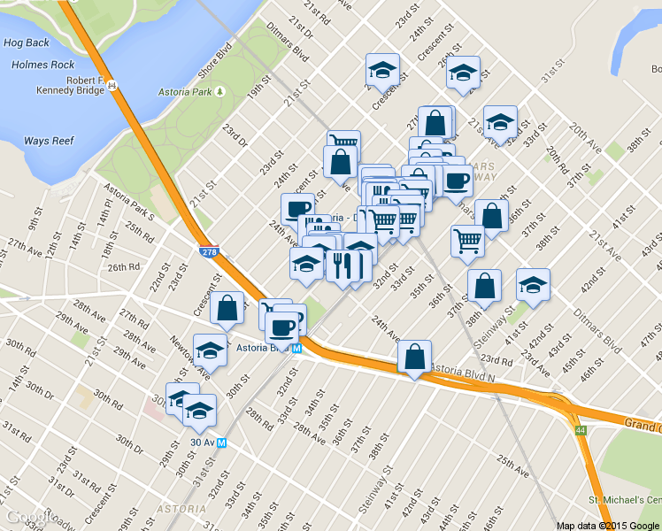 map of restaurants, bars, coffee shops, grocery stores, and more near 29-19 24th Avenue in Queens