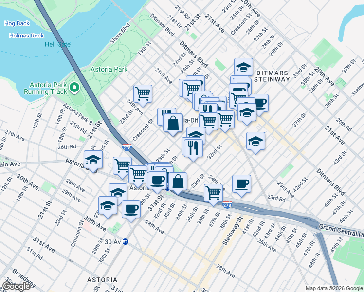 map of restaurants, bars, coffee shops, grocery stores, and more near 28-12 24th Avenue in Queens