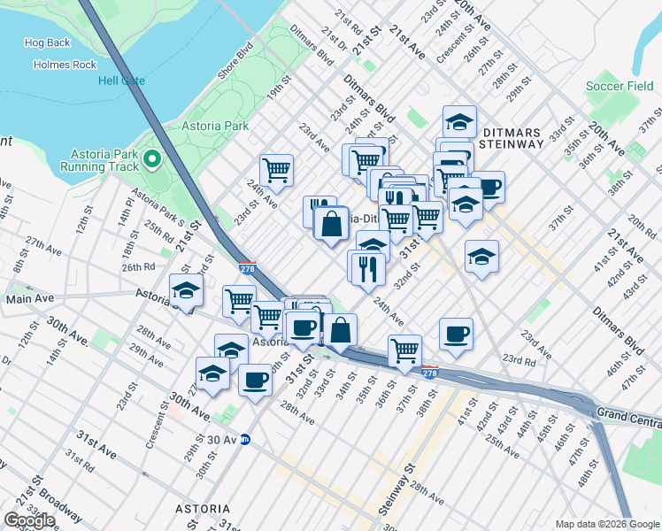 map of restaurants, bars, coffee shops, grocery stores, and more near in Queens