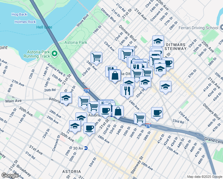 map of restaurants, bars, coffee shops, grocery stores, and more near 28-12 24th Avenue in Queens
