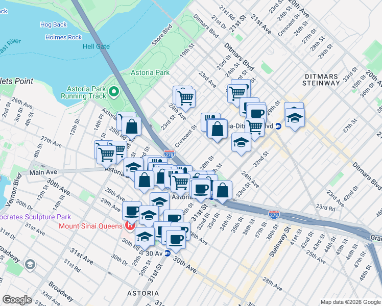 map of restaurants, bars, coffee shops, grocery stores, and more near 24-63 26th Street in Queens