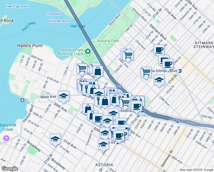 map of restaurants, bars, coffee shops, grocery stores, and more near 25-27 23rd Street in Queens