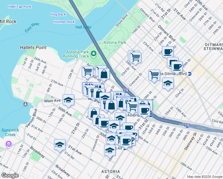 map of restaurants, bars, coffee shops, grocery stores, and more near 25-27 23rd Street in Queens