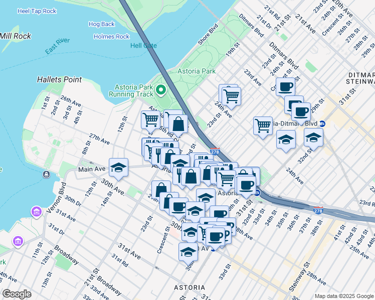 map of restaurants, bars, coffee shops, grocery stores, and more near 25-27 23rd Street in Queens