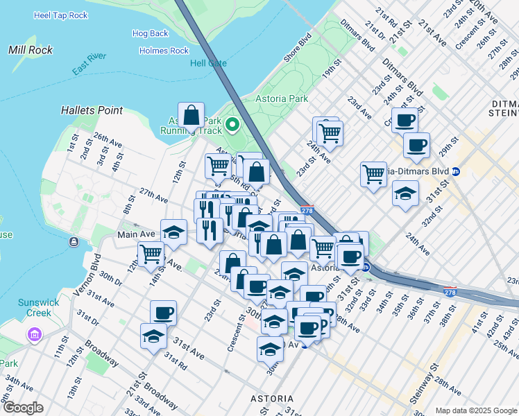 map of restaurants, bars, coffee shops, grocery stores, and more near 25-52 22nd Street in Queens