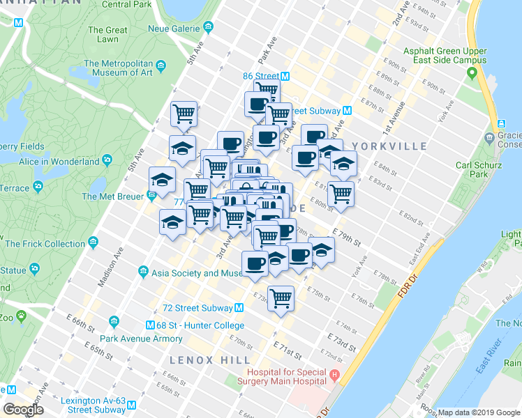 map of restaurants, bars, coffee shops, grocery stores, and more near 205 East 77th Street in New York